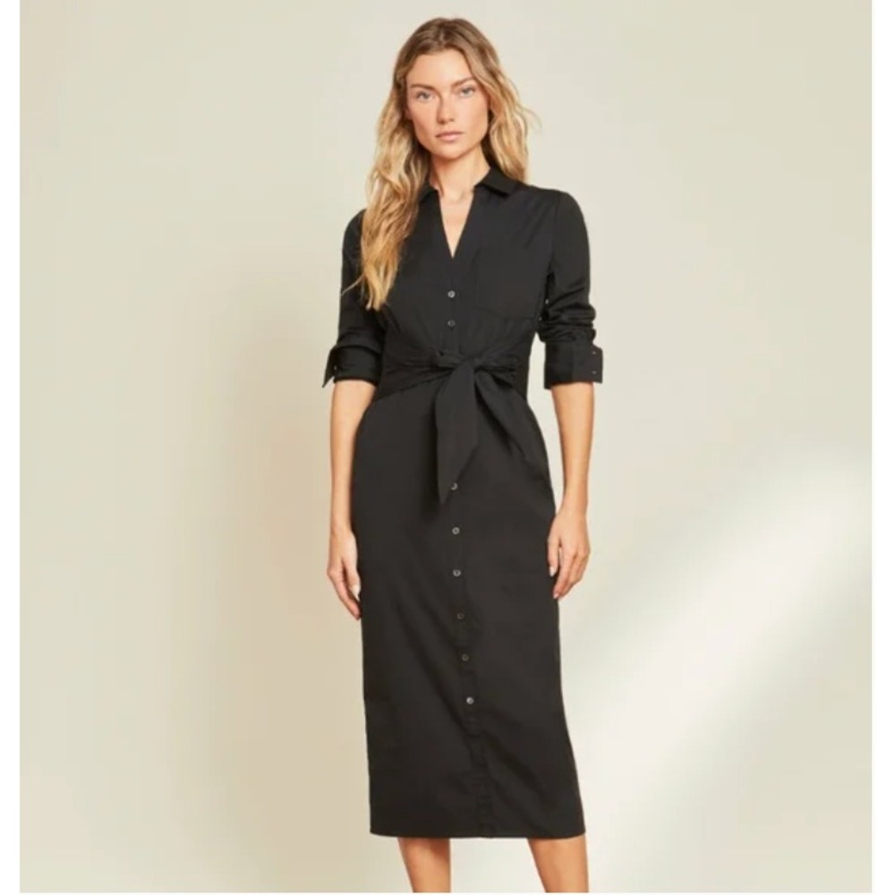 Veronica Beard Janelle Shirt Dress Size 00 Black Long Sleeve Tie Waist Midi